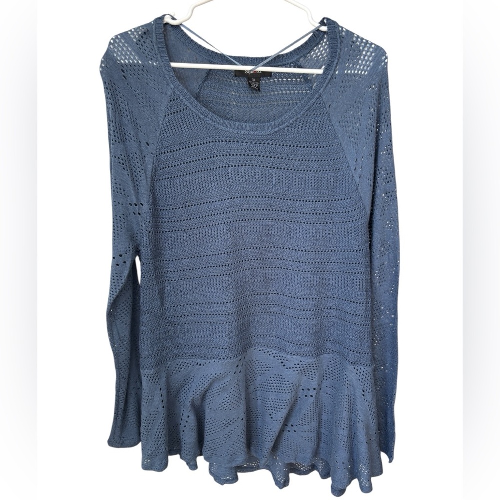 Style & Co. Open Knit Peplum Blue Sweater Women’s XL Crewneck Long Sleeve NWT